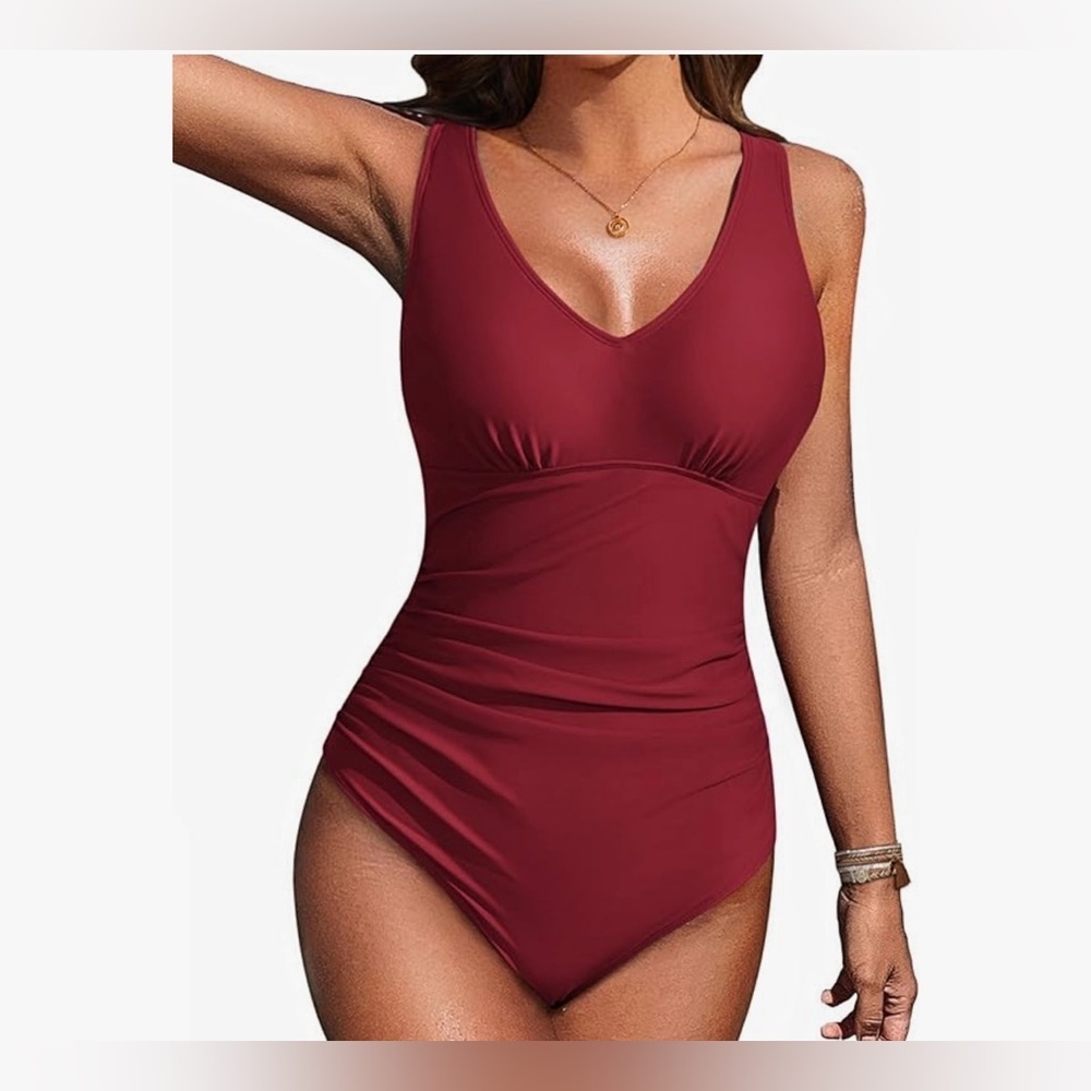 AI’Mage sz XL ruched tummy control v neck cross back one piece swimsuit wine red